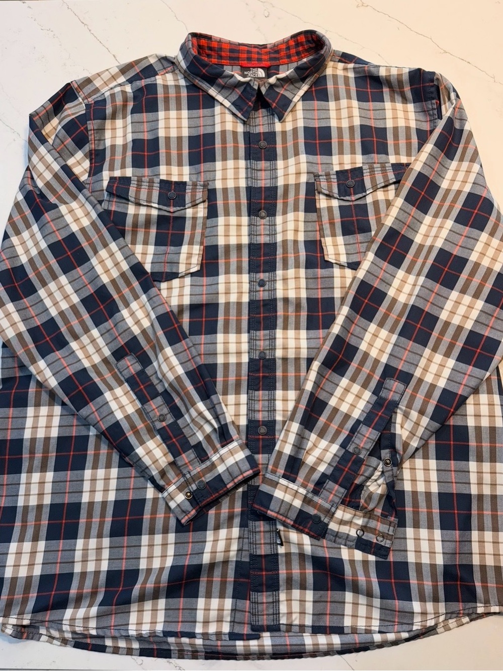 Beautiful The North Face Navy, white, and brown plaid button-up shirt (XXL)